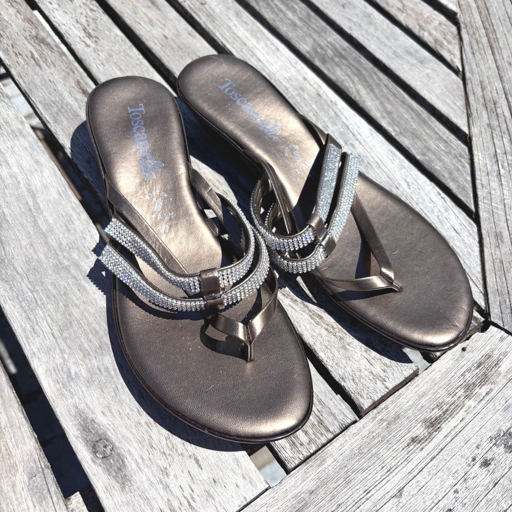 Toscanella Sandals 10 Minimalist Bronze Leather Rhinestone Y2K Glam Strappy